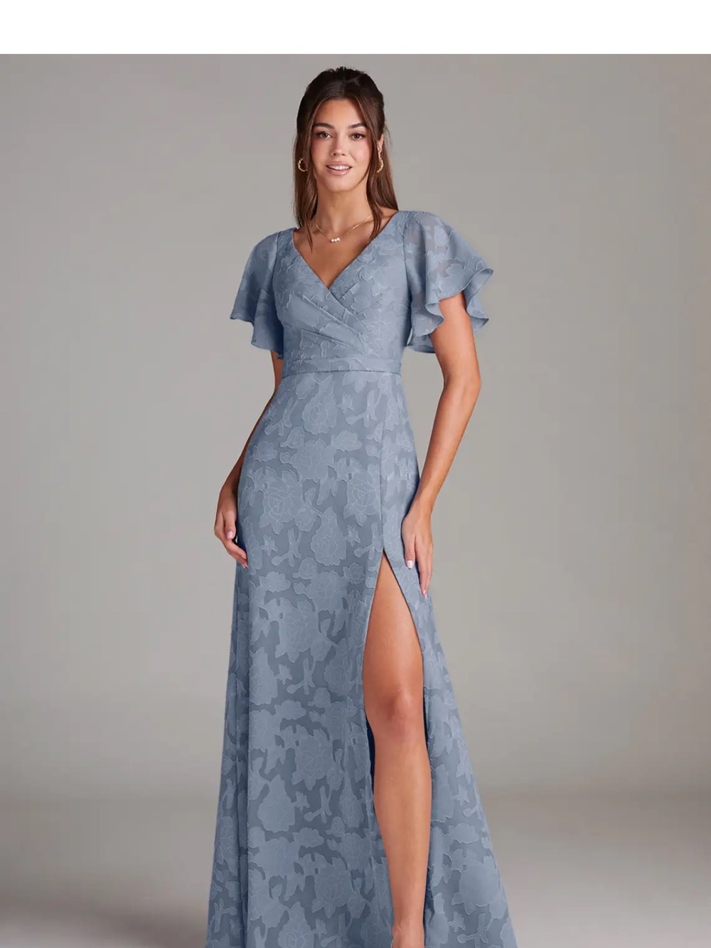 Azazie Ambrosia Dusty Blue A-Line Pleated Floral Burnout Dress Size A12